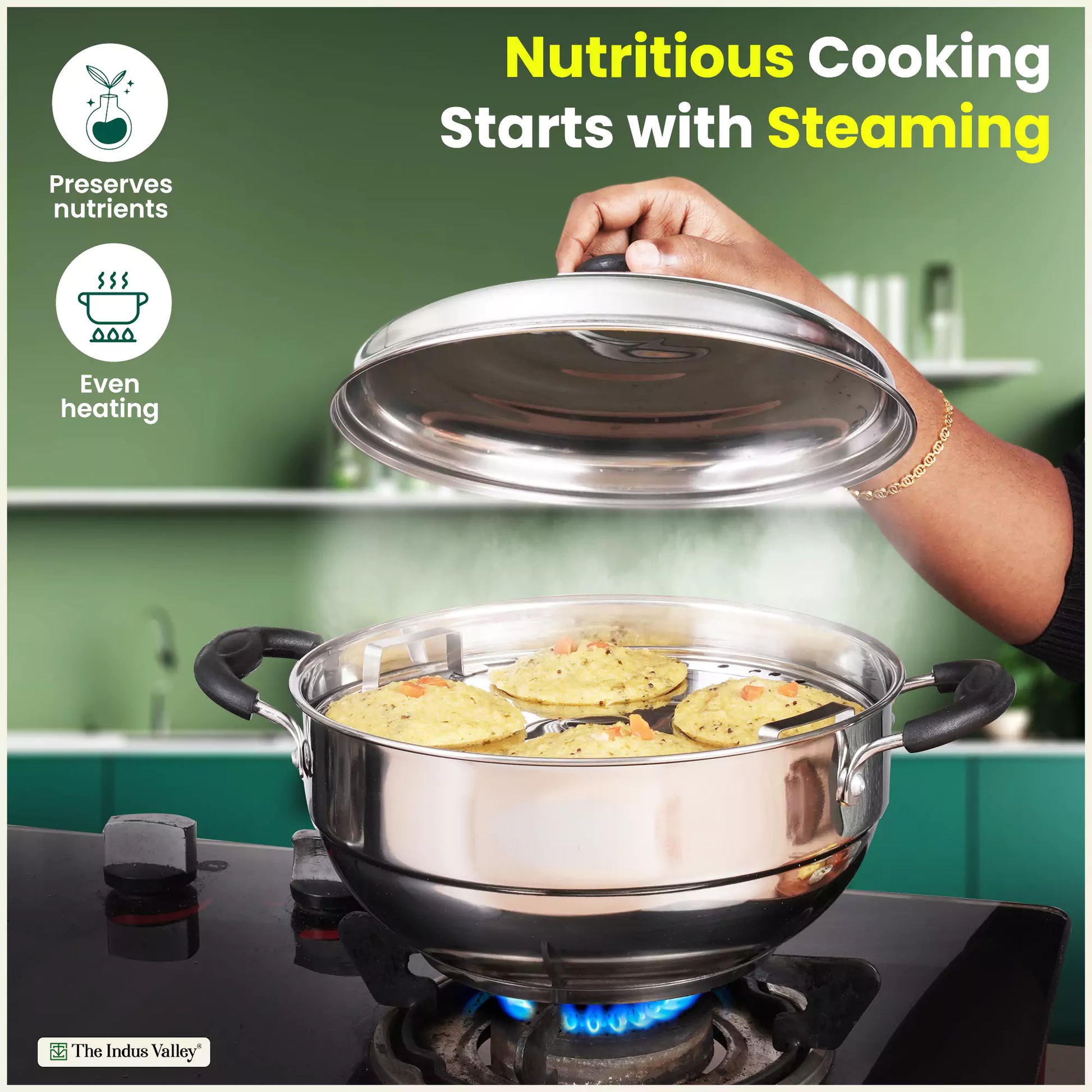 The Indus Valley 8 Pit Tri-Steel Multi Pot Handi with stainless steel plates for idli, dhokla, and momo steaming, tri-ply induction bottom