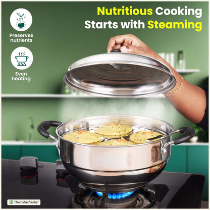 The Indus Valley 8 Pit Tri-Steel Multi Pot Handi with stainless steel plates for idli, dhokla, and momo steaming, tri-ply induction bottom