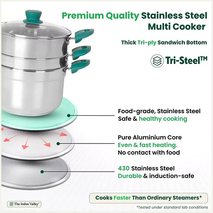 The Indus Valley Tri-steel Multi Cooker Pot Premium Stainless Steel Momo Maker/ Idiyappam/ Biryani/  Veg Steaming Set, 3 Pots, 21cm