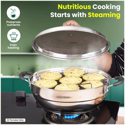 The Indus Valley stainless steel multi-pot handi with 14 pits, 5 plates, for steaming idli, dhokla, and momos on induction.