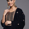 Dhiyona VA Women'sZari Embroidered velvet Kurta with Trouser and Dupatta