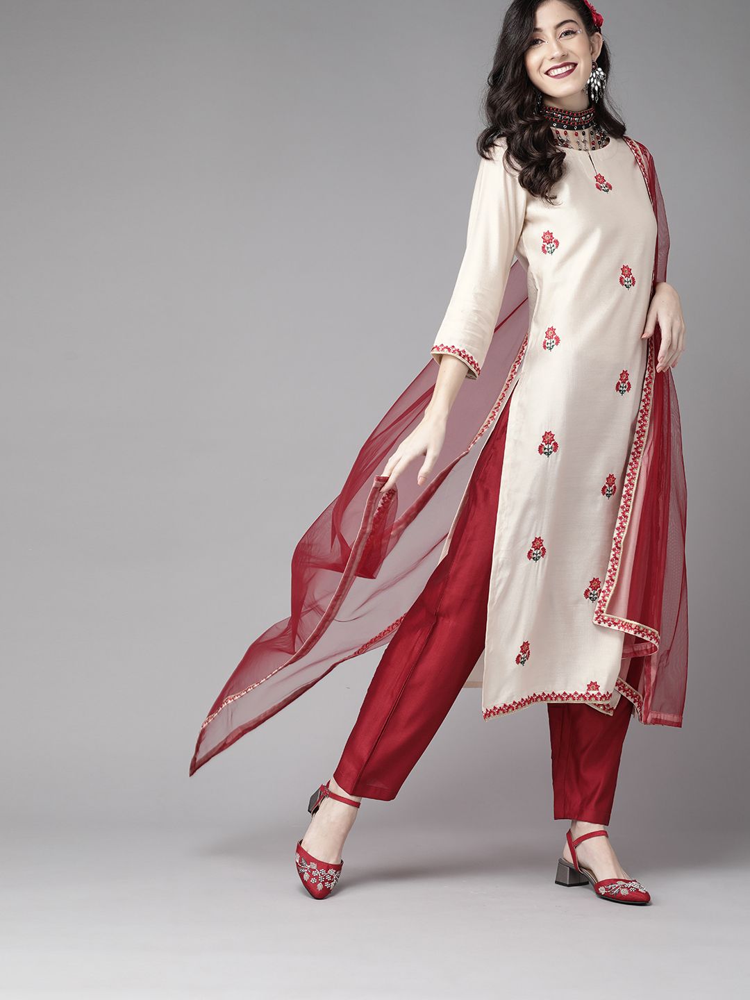 Indyancart IE Women Off White Ethnic Motifs Embroidered Liva Kurta with Palazzos & Dupatta