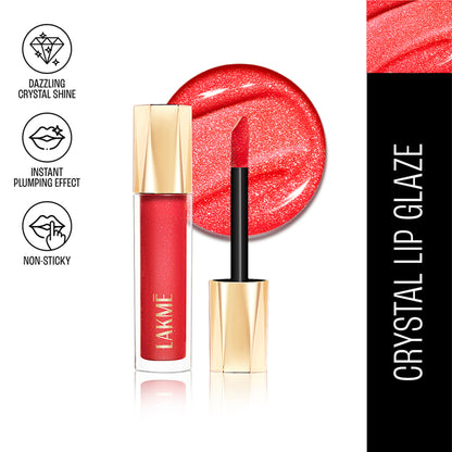 Lakme Glitterati Lip Glaze, High Shine Plumper Lip Gloss Oil with Collagen - Scarlet Spritzer