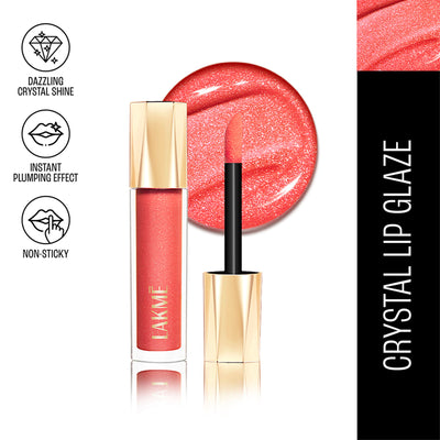 Lakme Glitterati Lip Glaze, High Shine Plumper Lip Gloss Oil with Collagen - Peach Punch