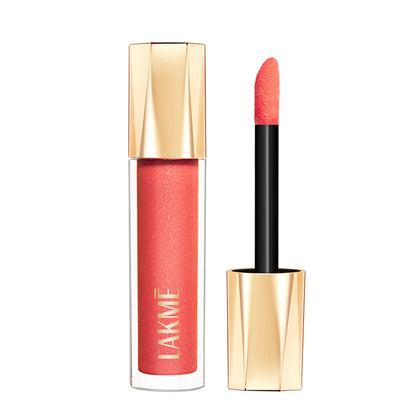 Lakme Glitterati Lip Glaze, High Shine Plumper Lip Gloss Oil with Collagen - Peach Punch
