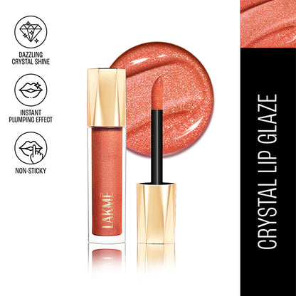 Lakme Glitterati Lip Glaze, High Shine Plumper Lip Gloss Oil with Collagen - Honey Haze