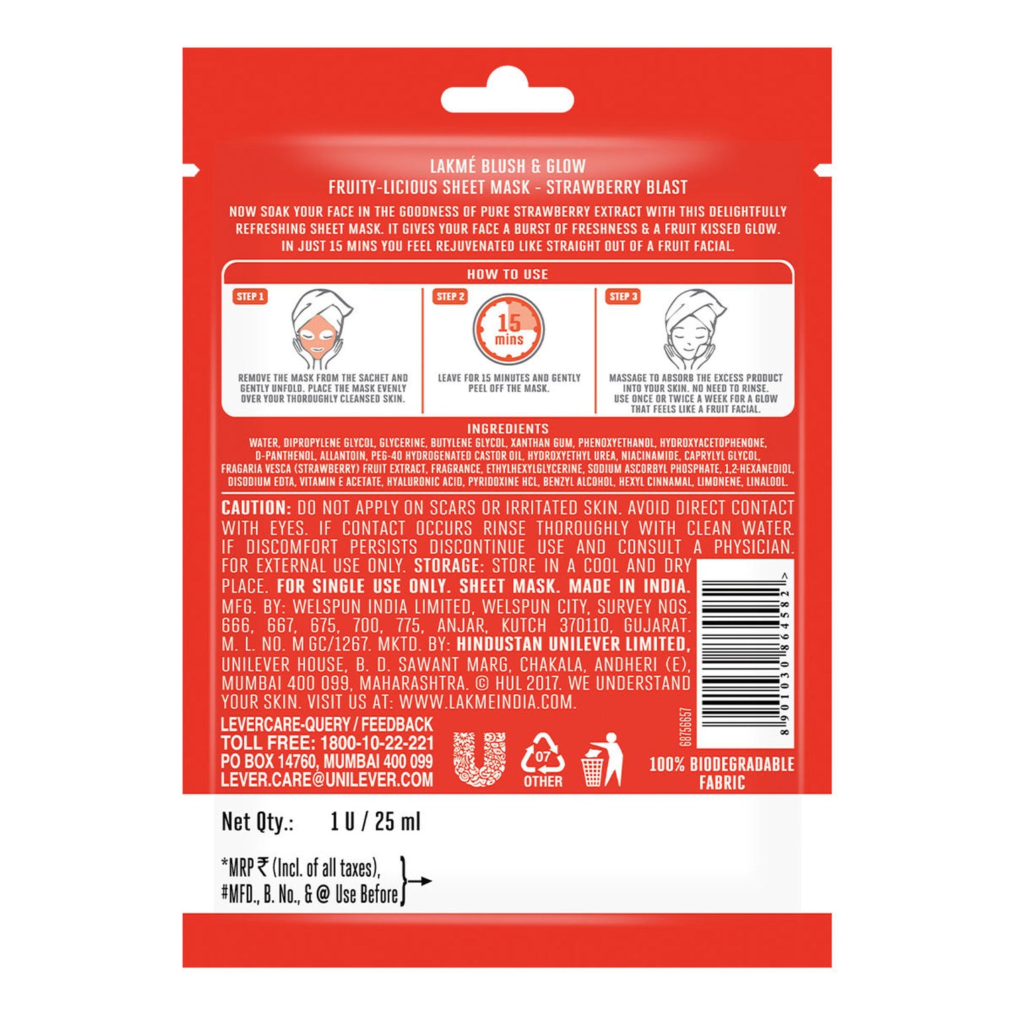 Lakme Blush & Glow Sheet Mask - Strawberry