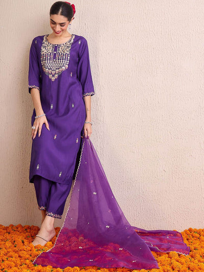 Dhiyona IE Women Ethnic Motifs Embroidered Regular Sequinned Kurta with Trousers & With Dupatta