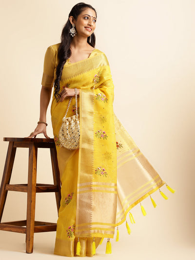 Indyancart GR Women's Kashmira Yellow Cotton Silk Saree