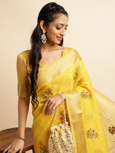 Indyancart GR Women's Kashmira Yellow Cotton Silk Saree