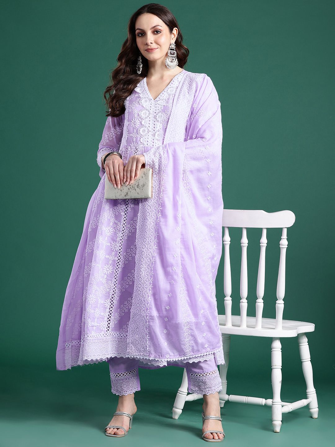 Ethnic Motifs Embroidered Pure Cotton Kurta with Trousers & Dupatta