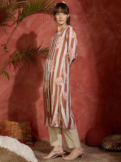 Indyancart IE Floral Printed Mandarin Collar Pure Cotton Straight Kurta With Trousers