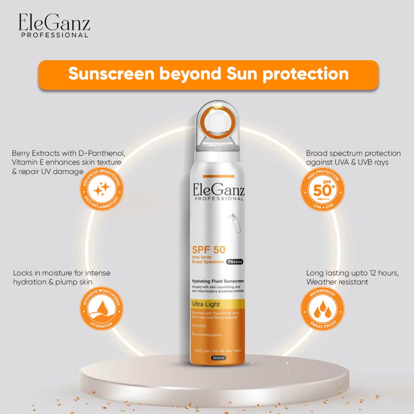 Eleganz Professional Hydrating Sunscreen Spray SPF 50 PA++++ With Hyaluronic Acid, Aloe Vera Extract