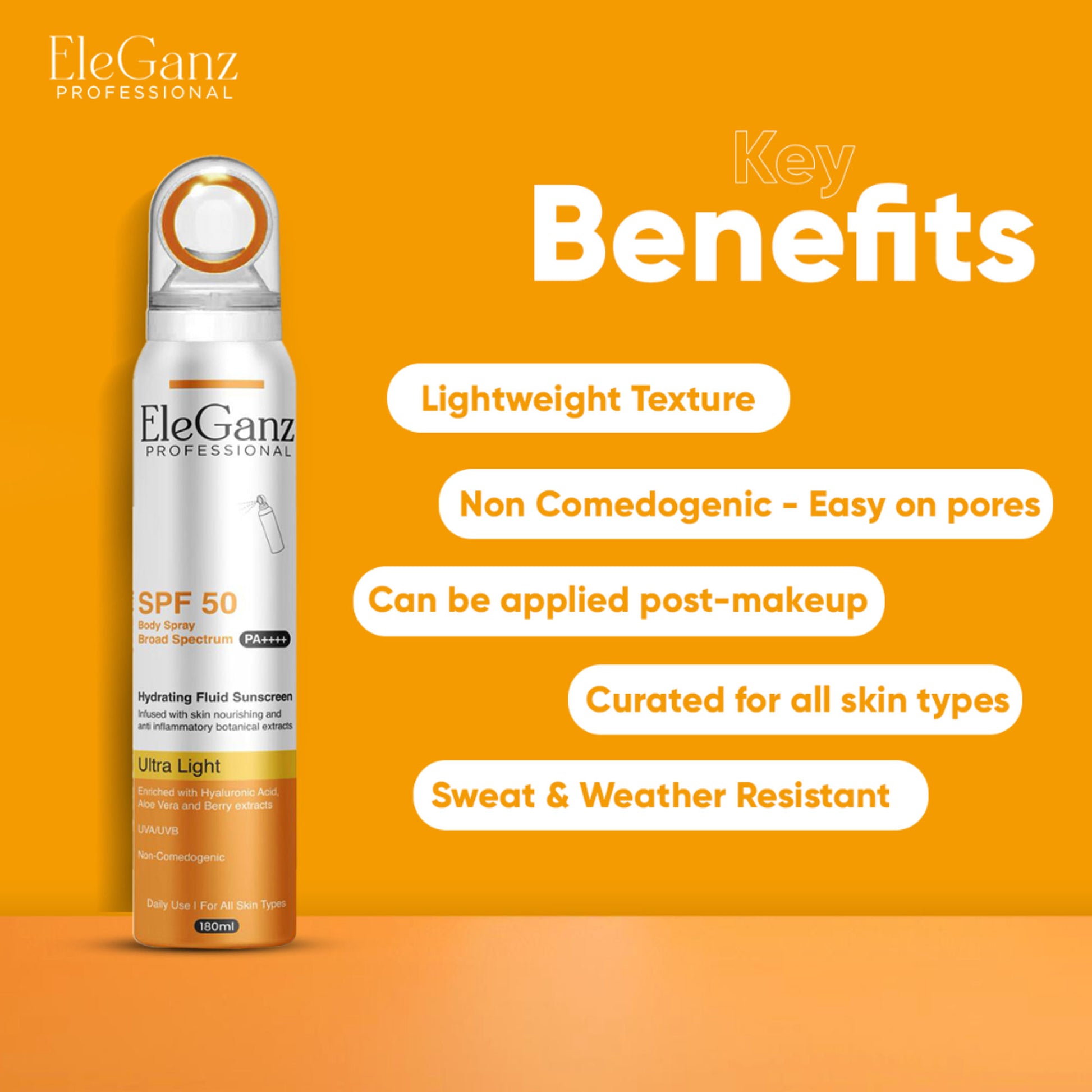 Eleganz Professional Hydrating Sunscreen Spray SPF 50 PA++++ With Hyaluronic Acid, Aloe Vera Extract