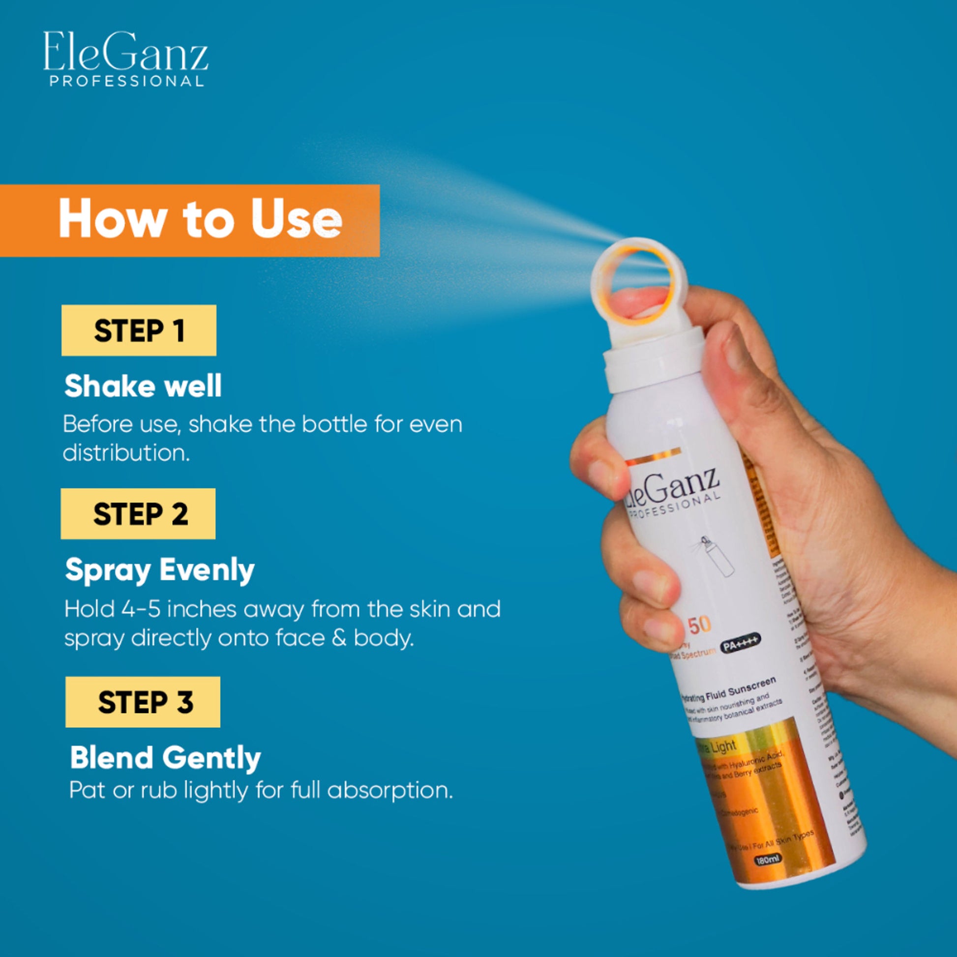 Eleganz Professional Hydrating Sunscreen Spray SPF 50 PA++++ With Hyaluronic Acid, Aloe Vera Extract