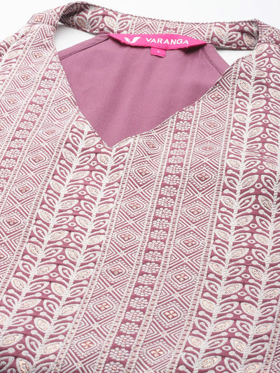Indyancart VA Women'sMauve Floral Woven Design Sleeveless Straight Kurta with Palazzos