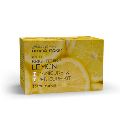 Aroma Magic Lemon Manicure and Pedicure Kit with lemon-scented tools and products for nail care and foot treatment.