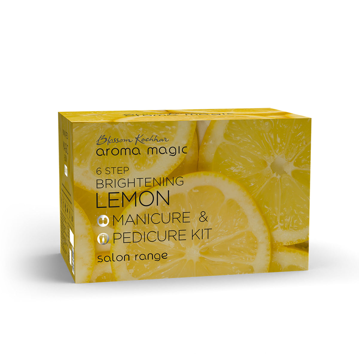 Aroma Magic Lemon Manicure and Pedicure Kit with yellow citrus-themed tools and products for nail care and skincare.