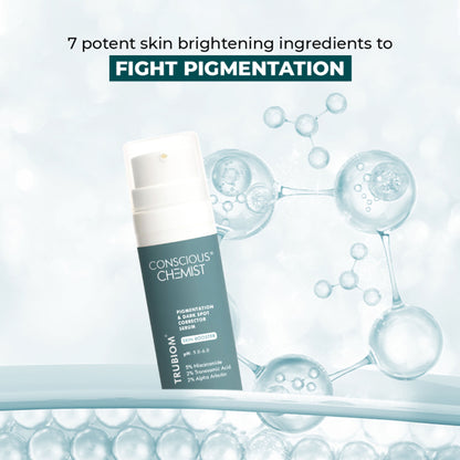 Conscious Chemist Trubiom 5% Niacinamide and 1% Zinc serum for acne scars and uneven skin texture, featuring the product bottle.