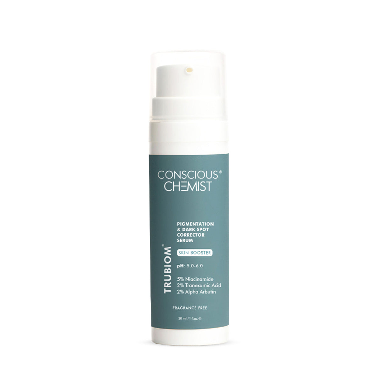 Conscious Chemist Trubiom 5% Niacinamide and 1% Zinc serum bottle with dropper, designed to improve acne scars and uneven skin texture.