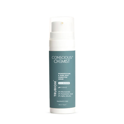 Conscious Chemist Trubiom 5% Niacinamide and 1% Zinc serum bottle with dropper, designed to improve acne scars and uneven skin texture.