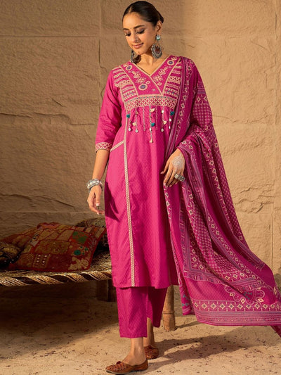Indyancart IE Women Ethnic Motifs Embroidered Cotton Kurta with Trousers & Dupatta