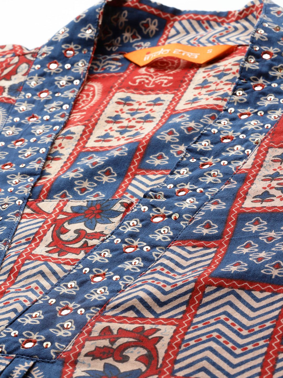 Indyancart IE Ethnic Motifs Printed Pleated Sequinned Pure Cotton Kurta with Palazzos