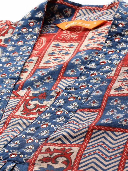 Indyancart IE Ethnic Motifs Printed Pleated Sequinned Pure Cotton Kurta with Palazzos