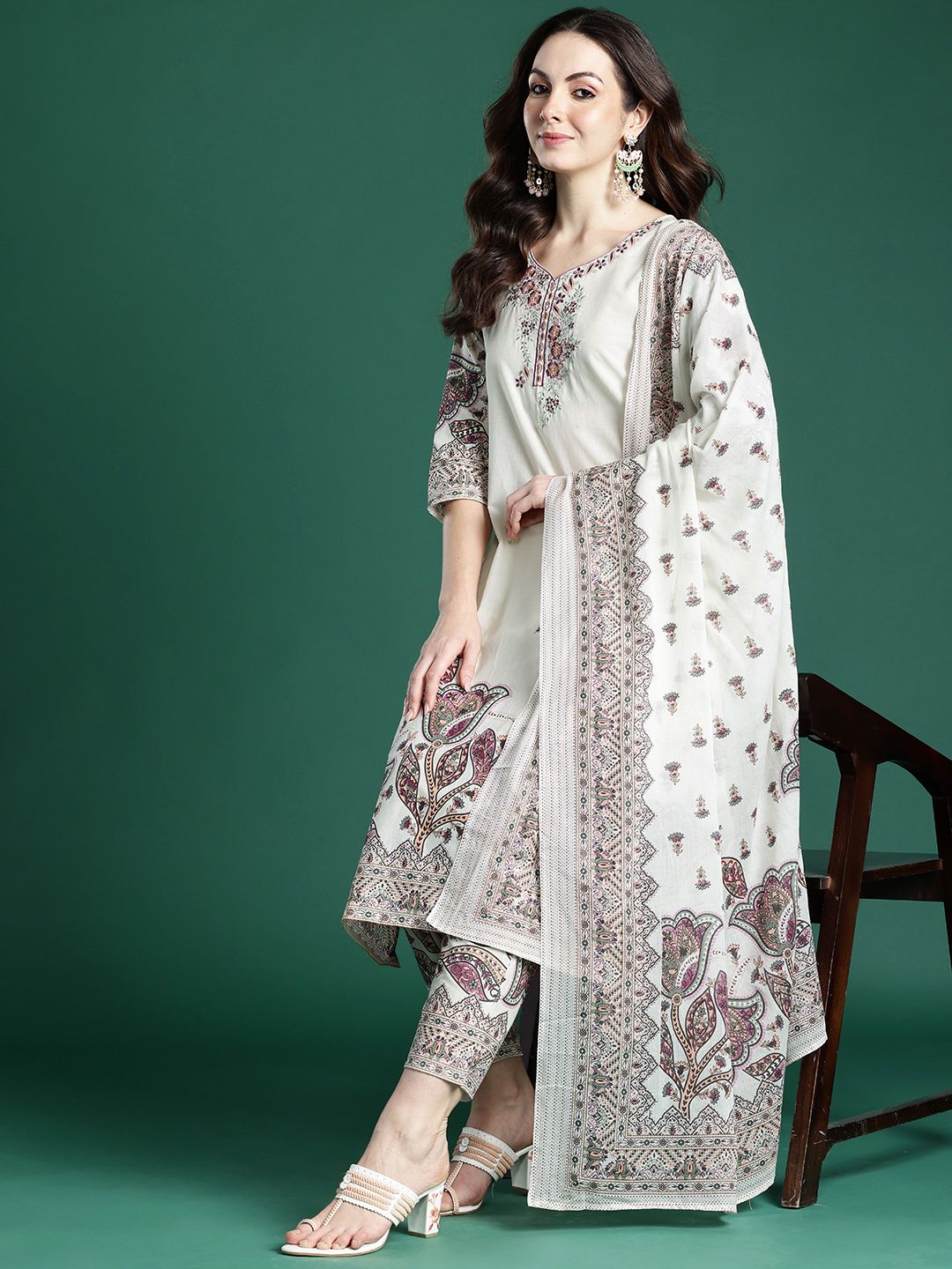 Floral Embroidered Pure Cotton Kurta with Trousers & Dupatta