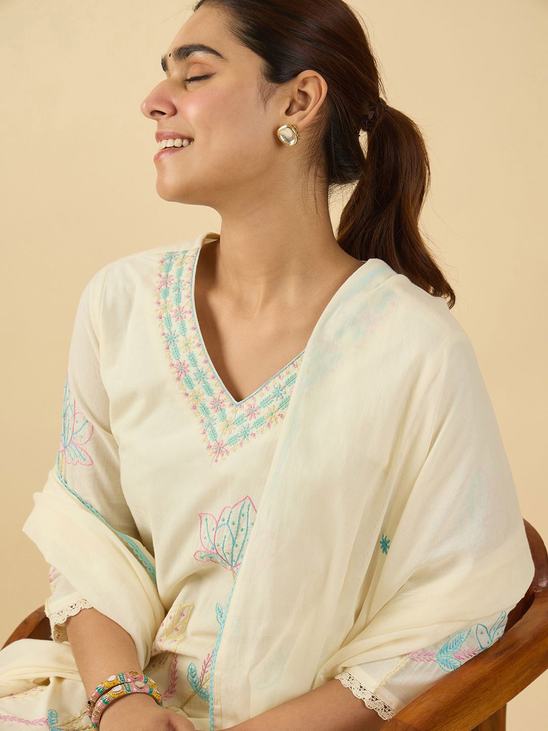 Women Ethnic Motifs Embroidered Thread Work Pure Cotton Kurta Trousers & Dupatta