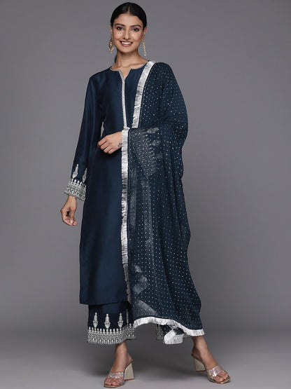 Dhiyona VA Women'sEmbroidered Notch Neck Straight Kurta & Trousers With Dupatta