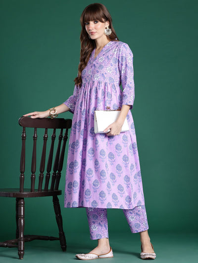 Indyancart IE Floral Printed Regular Pure Cotton Kurta with Trousers