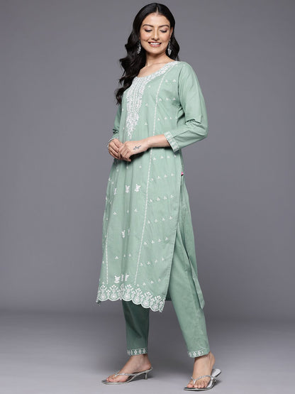 Dhiyona VA Women'sFloral Embroidered Panelled Thread Work Pure Cotton Kurta With Trousers & Dupatta