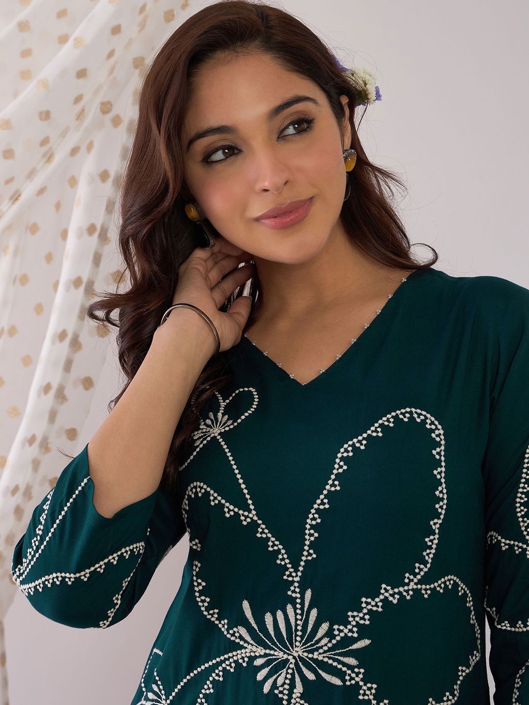 Indyancart IE Embroidered V-Neck Tunic With Trouser
