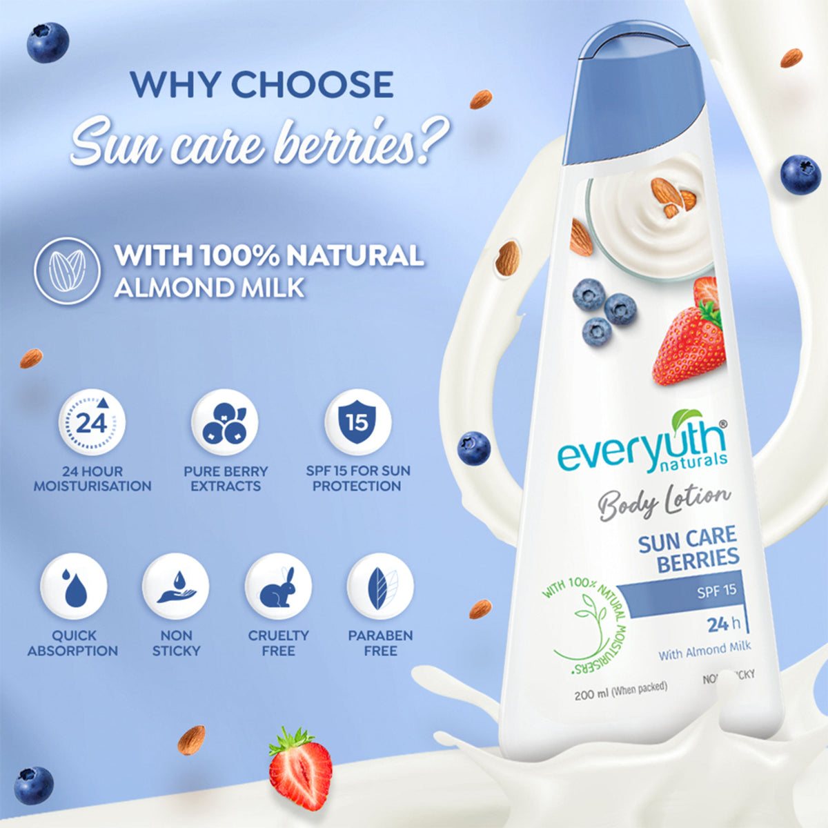 Everyuth Naturals Body Lotion - Sun Care Berries with Almond Milk, SPF 15, Non Sticky