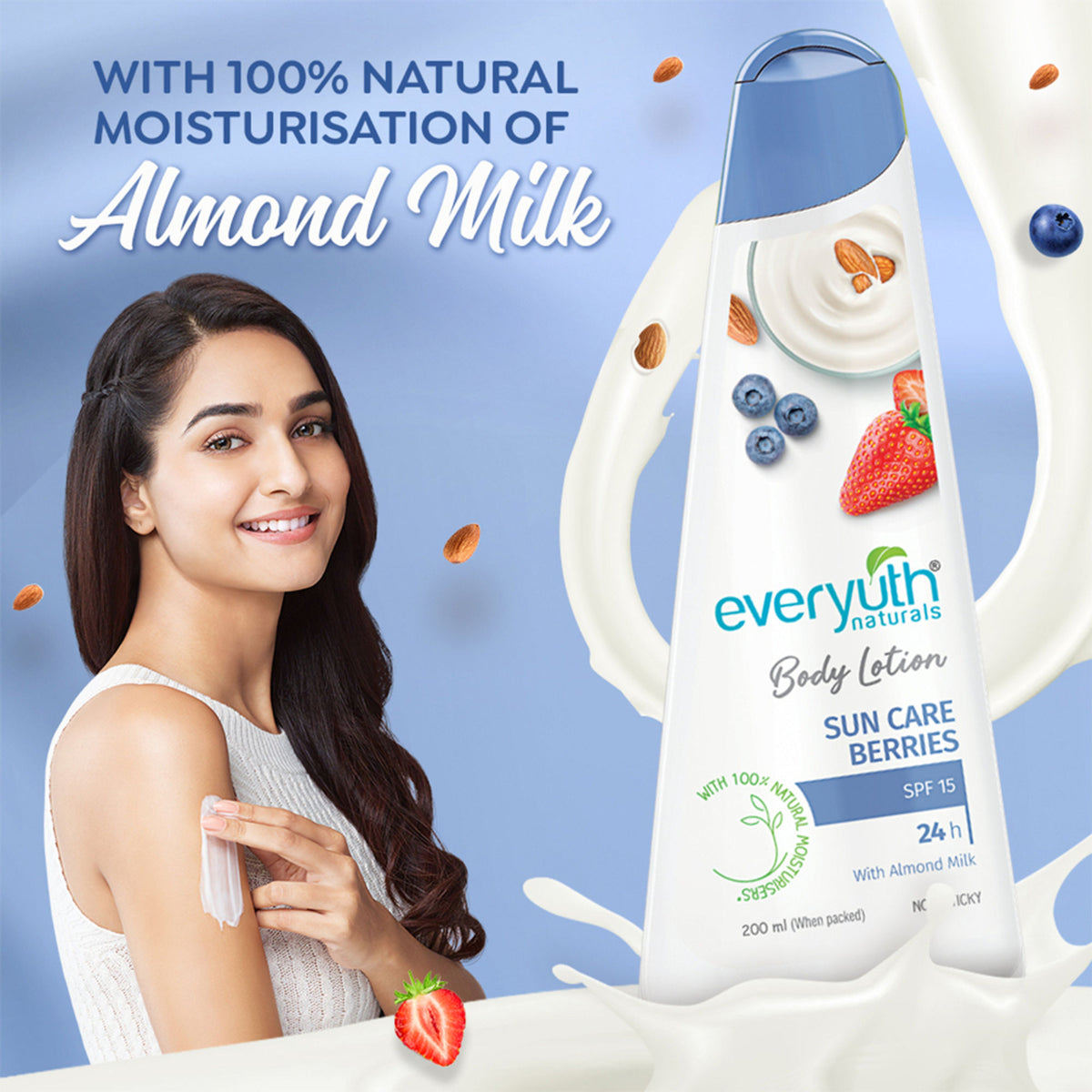 Everyuth Naturals Body Lotion - Sun Care Berries with Almond Milk, SPF 15, Non Sticky