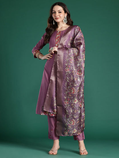 Indyancart IE Floral Embroidered Thread Work Kurta with Trousers & With Dupatta