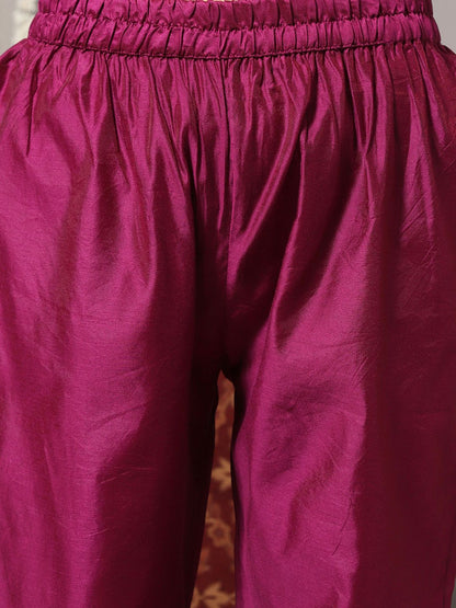 Indyancart VA Women'sMagenta Ethnic Motifs Yoke Design Thread Work Kurta Wth Trousers & With Dupatta