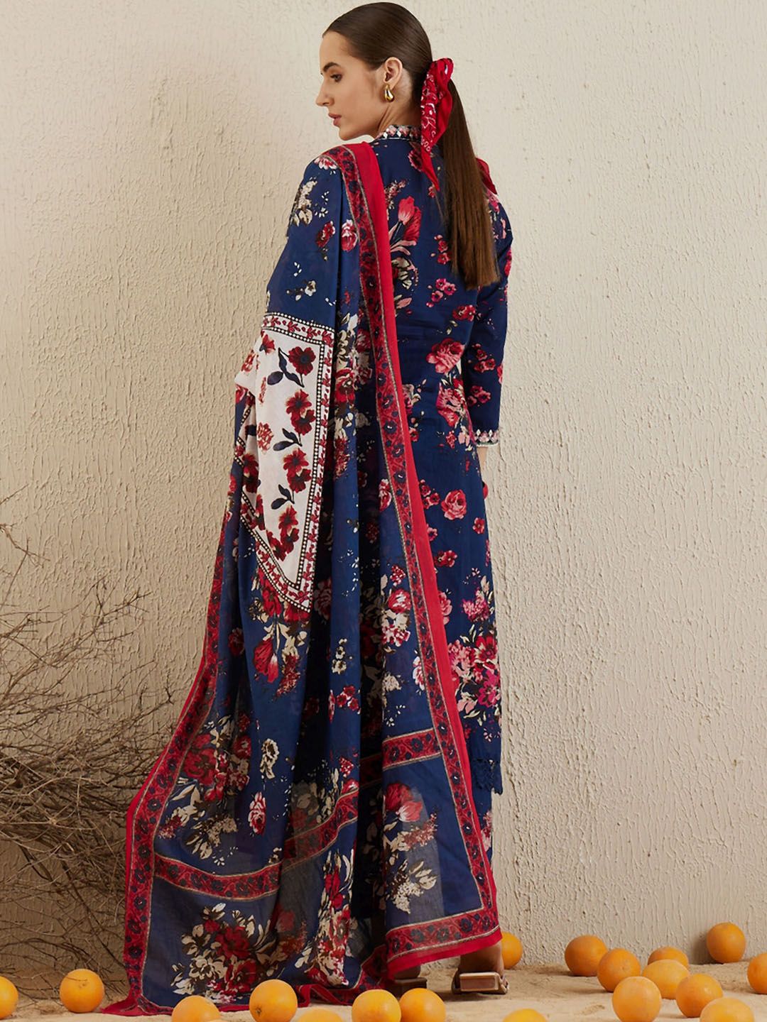 Indyancart IE Plus Size Floral Printed Angrakha Pure Cotton Kurta Trousers & Dupatta