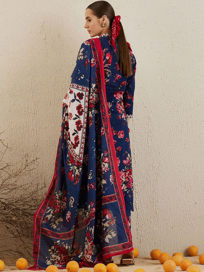 Indyancart IE Plus Size Floral Printed Angrakha Pure Cotton Kurta Trousers & Dupatta