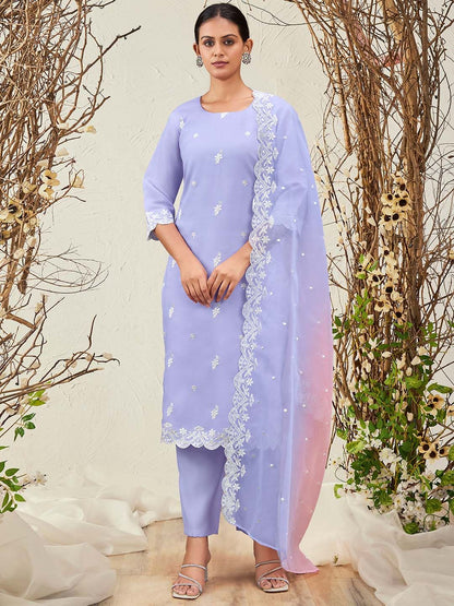 Indyancart IE Lavender Floral Embroidered Round Neck Thread Work Kurta with Trousers & Dupatta
