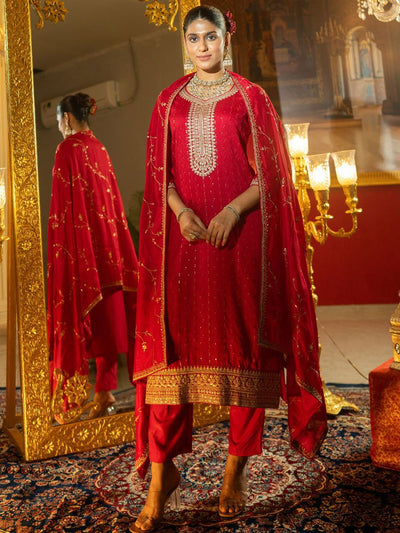 Indyancart IE Women Ethnic Motifs Embroidered Regular Sequinned Kurta with Trousers & With Dupatta