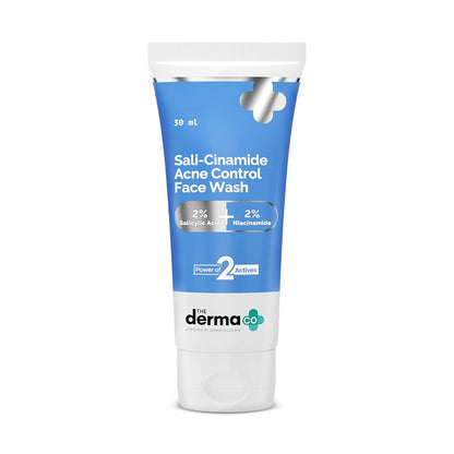 The Derma Co Sali-Cinamide Anti-Acne Face Wash in a white tube with blue accents, showing the product label and packaging.