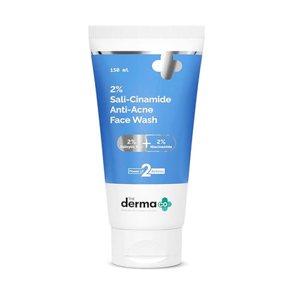 The Derma Co Sali-Cinamide Anti-Acne Face Wash in a clear pump bottle with a white and green label, suitable for acne-prone skin.