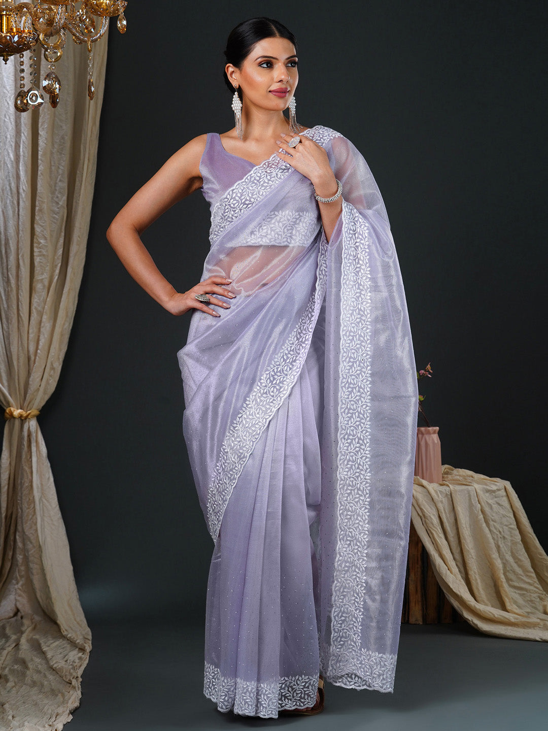 Women's Organza Lavendar Embroidered Designer Saree With Blouse Piece