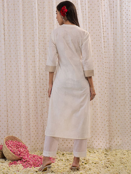 Indyancart IE Off White Ethnic Mandarin Collar Motifs Printed Cotton Straight Kurta