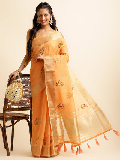 Indyancart GR Women's Kashmira Peach Orange Cotton Silk Saree