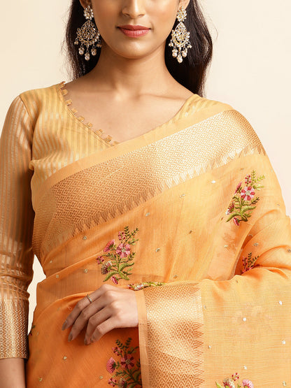 Dhiyona GR Women's Kashmira Peach Orange Cotton Silk Saree