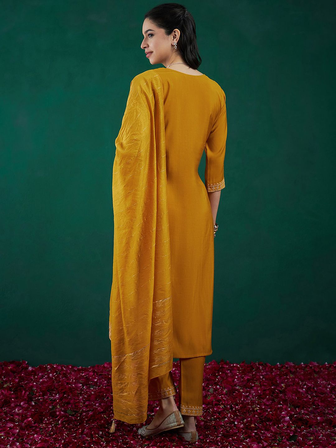 Indyancart IE Embroidered Regular Sequinned Chanderi Silk Kurta With Trousers & Dupatta