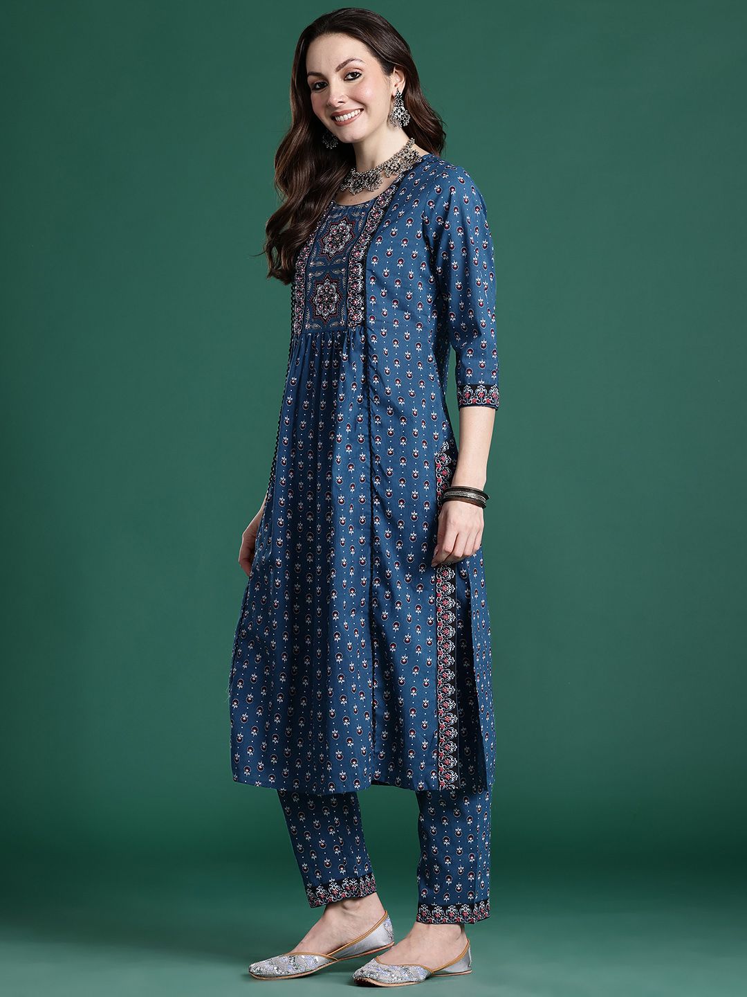 Indyancart IE Ethnic Motifs Printed Mirror Work Pure Cotton Kurta with Trousers & With Dupatta